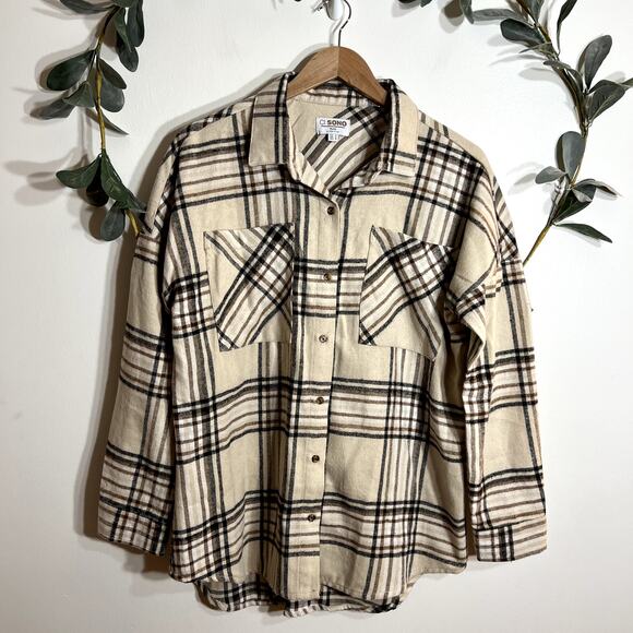 NWOT Ci Sono Tan Plaid Button Up - Picture 1 of 5